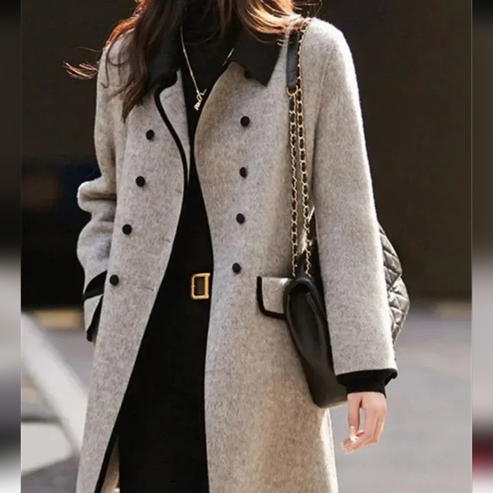Coat Women's Autumn and Winter New Splicing Lapel Double Breasted - Picture 2 of 5